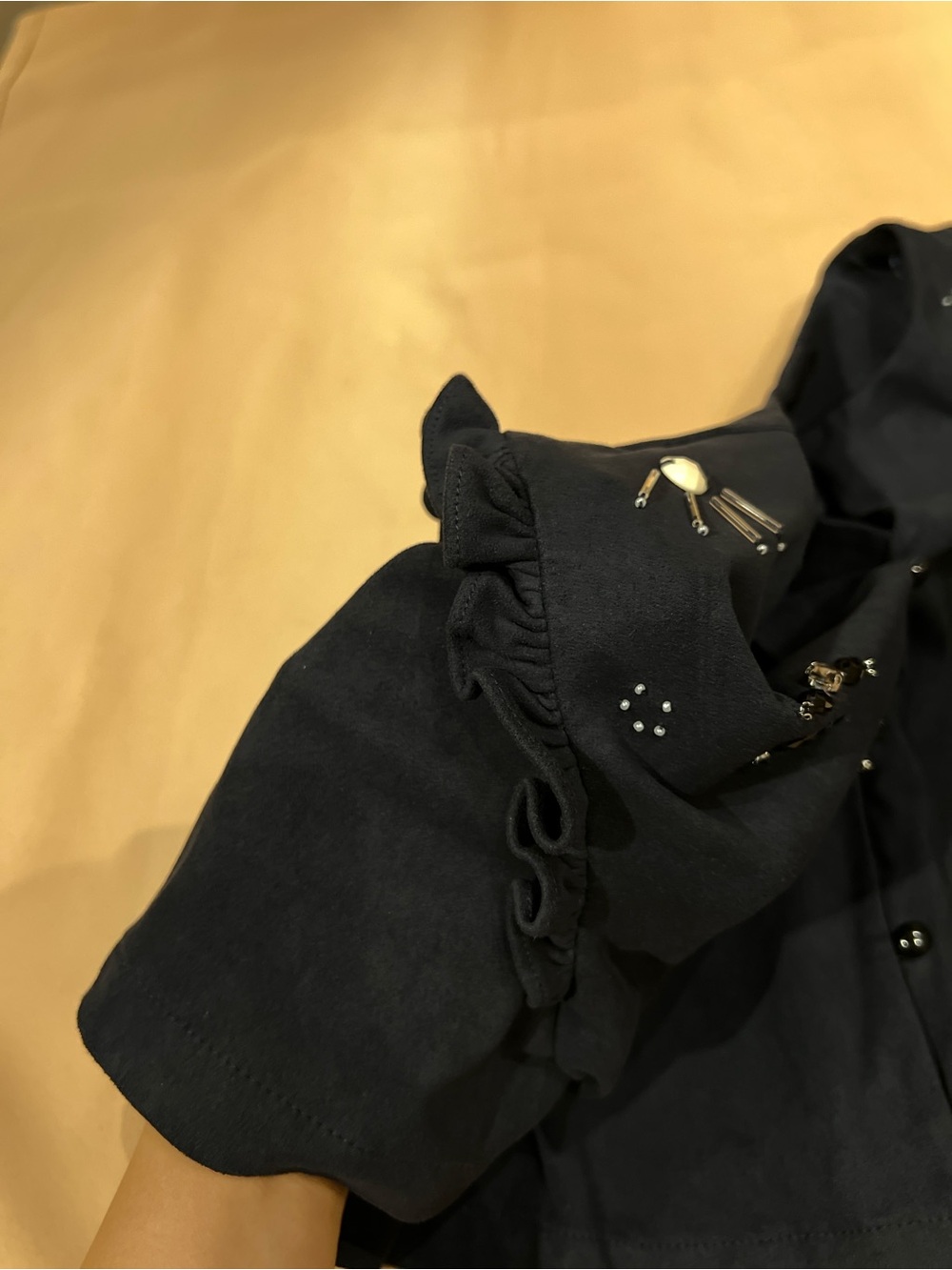 Zara Basic Top XS Black Faux Suede Beaded Ruffle Short Sleeve Coquette Blouse - Picture 7 of 8